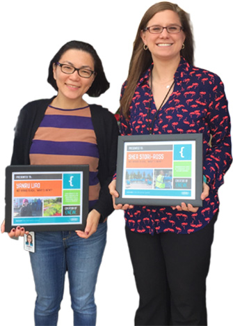 Tennant employees Yanru Liao and Shea Stori-Ross standing next to each other holding awards. Tennant employees Yanru Liao and Shea Stori-Ross standing next to each other holding awards.
