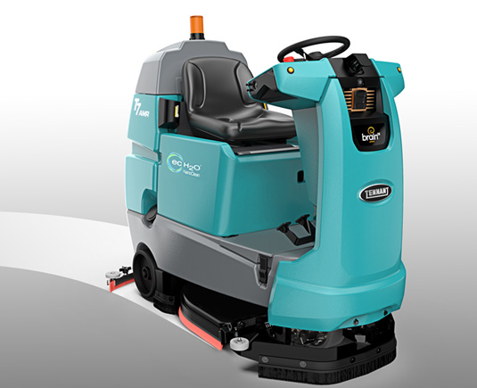 Representación de una restregadora robotizada de pisos t7amr de Tennant limpiando un piso sin un operador Representación de una restregadora robotizada de pisos t7amr de Tennant limpiando un piso sin un operador