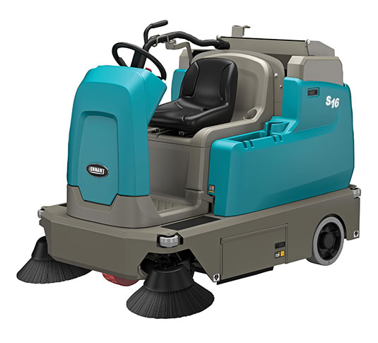 Varredeira Tennant S16 compacta tripulada e com acionamento a bateria com sistema de despejo alto Varredeira Tennant S16 compacta tripulada e com acionamento a bateria com sistema de despejo alto